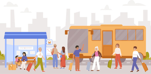People travel bus. Public transport and person with suitcases. Urban transportation, adults and kids on station. City traffic snugly vector concept