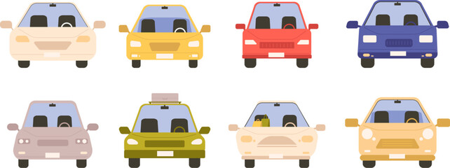 Cartoon car collection. Various cars front view, transportation or logistic. Personal vehicle, city and suburb transport for people, vector set
