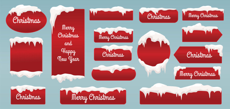 Christmas snow buttons, xmas and new year red banners with snowy caps and icicles. Decorative winter frozen elements, sale web tags snugly vector set