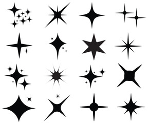 Obraz premium Minimalist silhouette stars icon, twinkle star shape symbols. Modern geometric elements, shining star icons, abstract sparkle black silhouettes symbol vector set