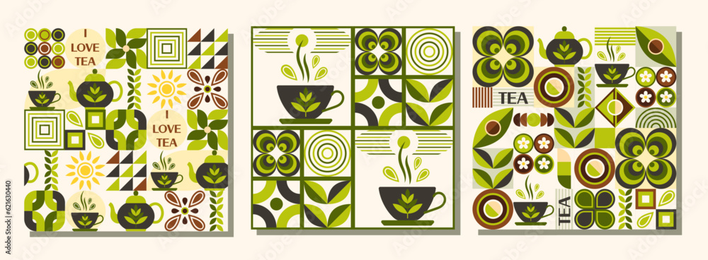 Aufkleber set of tea themed patterns with icons, design elements in simple geometric style. seamless backgroun