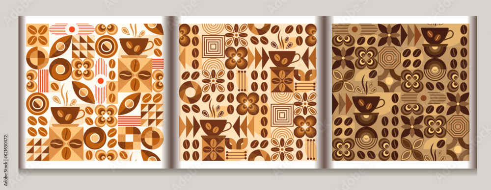 Poster coffee theme seamless patterns in simple geometric style with abstact shapes. light, medium, dark ro