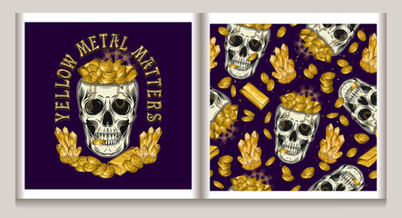 Label, pattern with human skull without top like cup full of golden treasure, crystals of gemstone, text Yellow metal matters. Heap of coins, gold ingots, bars, chains. Concept of wealth