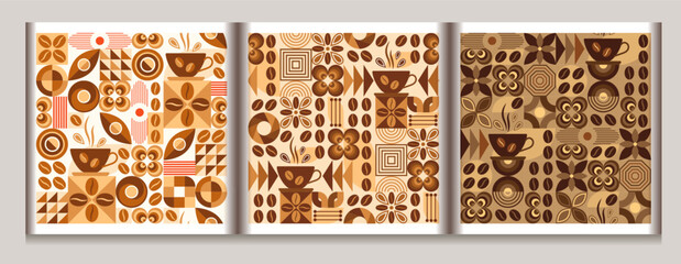 Coffee theme seamless patterns in simple geometric style with abstact shapes. Light, medium, dark roast level coffee For branding, decoration of food package, cover design, prints, background