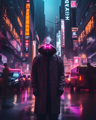 neon cyberpunk style street neon-lit huge humanoid