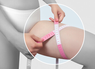 A woman in white panties shows body fat on thighs.  Cosmetology and professional skin care.Treatment of overweight and flabby skin. Sports concept, fat burning and a healthy lifestyle