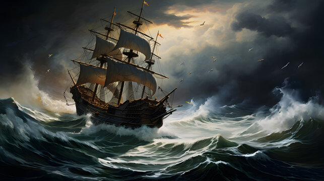 oil painting stormy ocean with a large pirate ship impact frame wallpaper