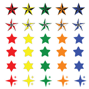 Star icons set. Unique color star sets. Twinkling stars. Sparkles, shining burst. Christmas vector symbols isolated. 3D trophy star icon.