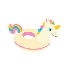 Inflatable circle in the shape of a unicorn. Beach set for summer trips. Vacation accessories for sea vacations.