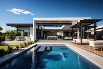 Beautiful modern luxioury home exterior design, with a large and asthetic pool.