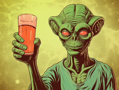 alien holding a glass beer in comic book style