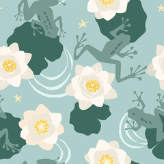 Seamless pattern with water flowers lilies, lotuses and frogs in the lake. Natural summer ornament. Vector graphics.