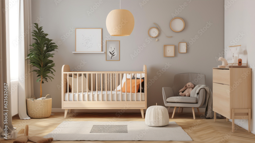 Poster 3d rendering of a childrens room with a crib and a shelf generative ai