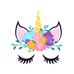 Cute unicorn with flowers. Vector illustration in a flat style.