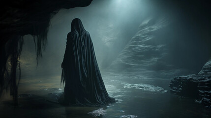 A Mysterious Figure Wearing a Black Robe in a Dimly Lit Cavern Generative AI
