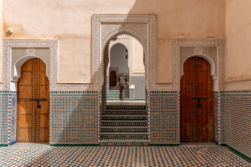 MEKNES, MOROCCO - MARCH 29, 2023 - Famous mausoleum of Moulay Ismail in downtown Fes