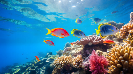 Naklejka na ściany i meble coral reef with fish and coral great barrier reef colorful fishes harp focus underwater