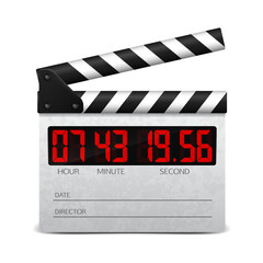 Digital clapper board on white background. Film movie clapper board with digital numbers. Vector illustration.