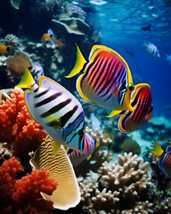 Fototapeta na wymiar coral reef with fish and coral great barrier reef colorful fishes harp focus underwater