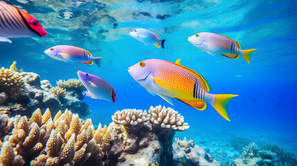 Naklejka na ściany i meble coral reef with fish and coral great barrier reef colorful fishes harp focus underwater