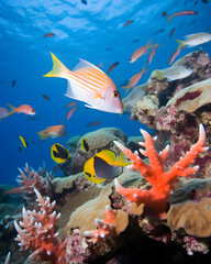 Fototapeta na wymiar coral reef with fish and coral great barrier reef colorful fishes harp focus underwater