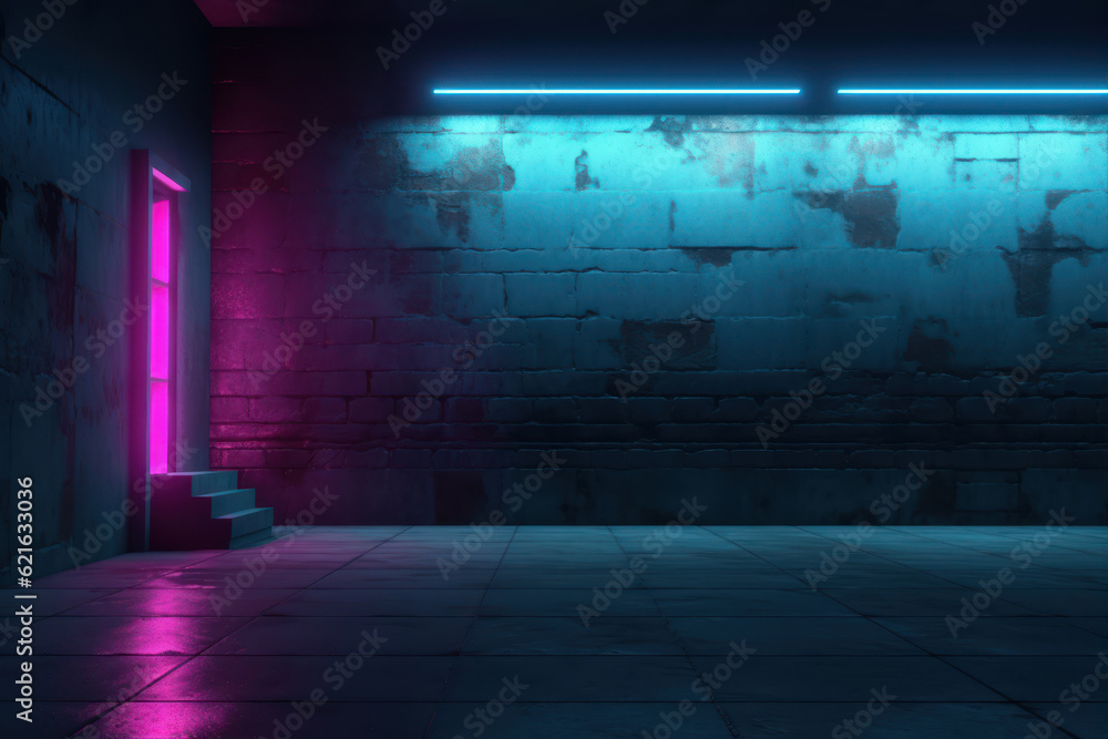 Poster futuristic corridor with neon lights. 3d rendering. neon light generative ai
