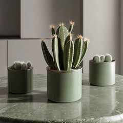 Cacti in green ceramic pots on a green marble table in a minimalist setting
