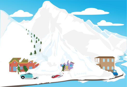 snow falling from the mountain peaks turns into an avalanche that causes a great disaster