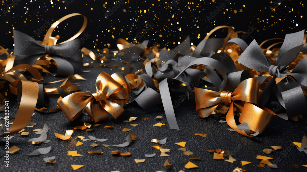 Poster black and gold bow and confetti on black background. 3d rendering generative ai