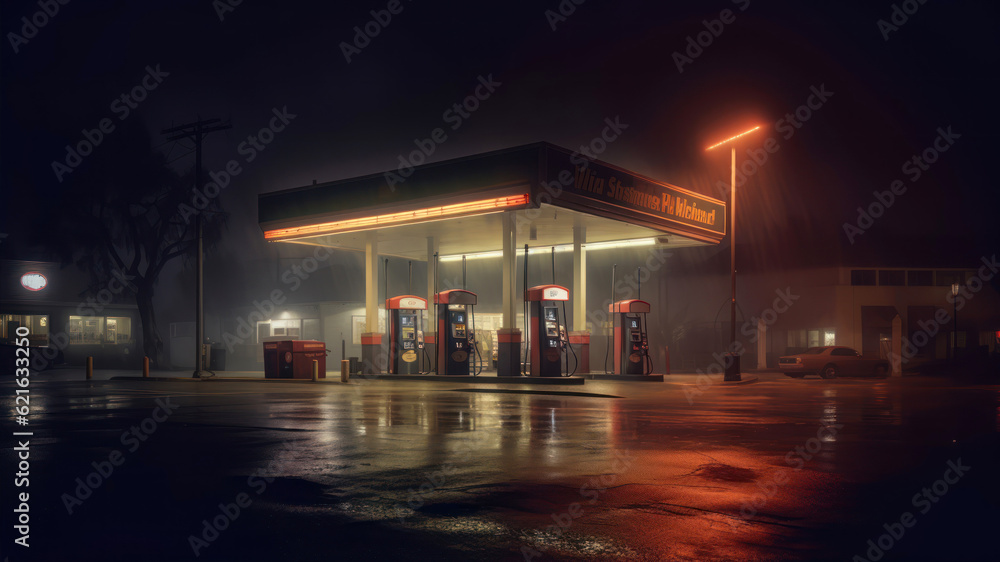Poster gas station at night with fog in the background. 3d rendering generative ai