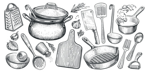 Set of kitchen utensils for cooking. Food concept. Sketch vintage vector illustration for restaurant or diner menu