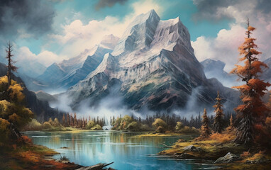 A painting of a mountain lake with a mountain in the background