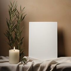 a white sheet of paper next to a candle and a plant