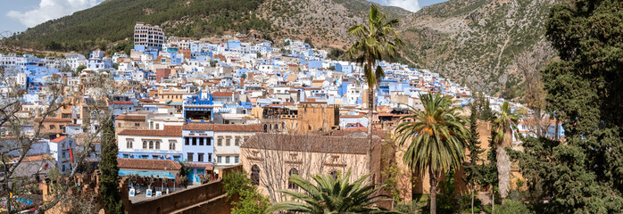 Panoramic view of famous blue colored city Chefchaouen in Morocco