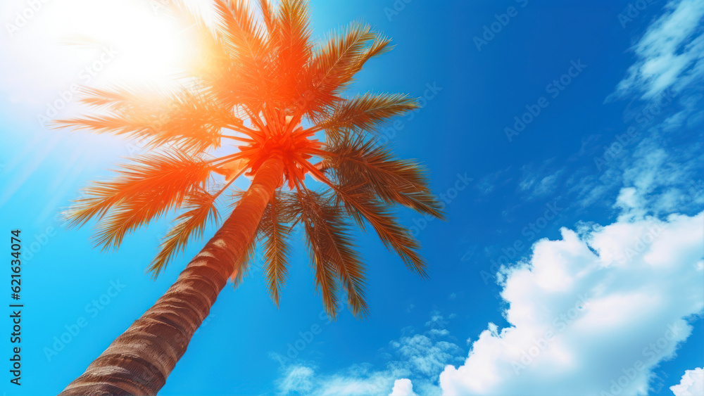 Poster palm trees on the background of the blue sky with clouds. generative ai