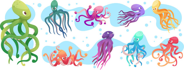 Octopus. Wild underwater animal with tentacles cartoon ocean creature exact vector pictures collection