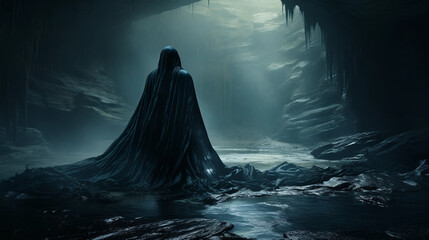 A Mysterious Figure Wearing a Black Robe in a Dimly Lit Cavern Generative AI - obrazy, fototapety, plakaty