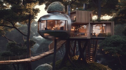 The exterior design of modern and luxurious treehouse in the forest. Generative AI image AIG30. - obrazy, fototapety, plakaty