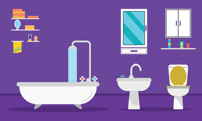 Fototapeta na wymiar Bathroom interior with plumbing furniture and washing accessories. Vector flat illustration