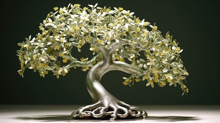  a silver tree with yellow flowers on a white table and a black background.  generative ai