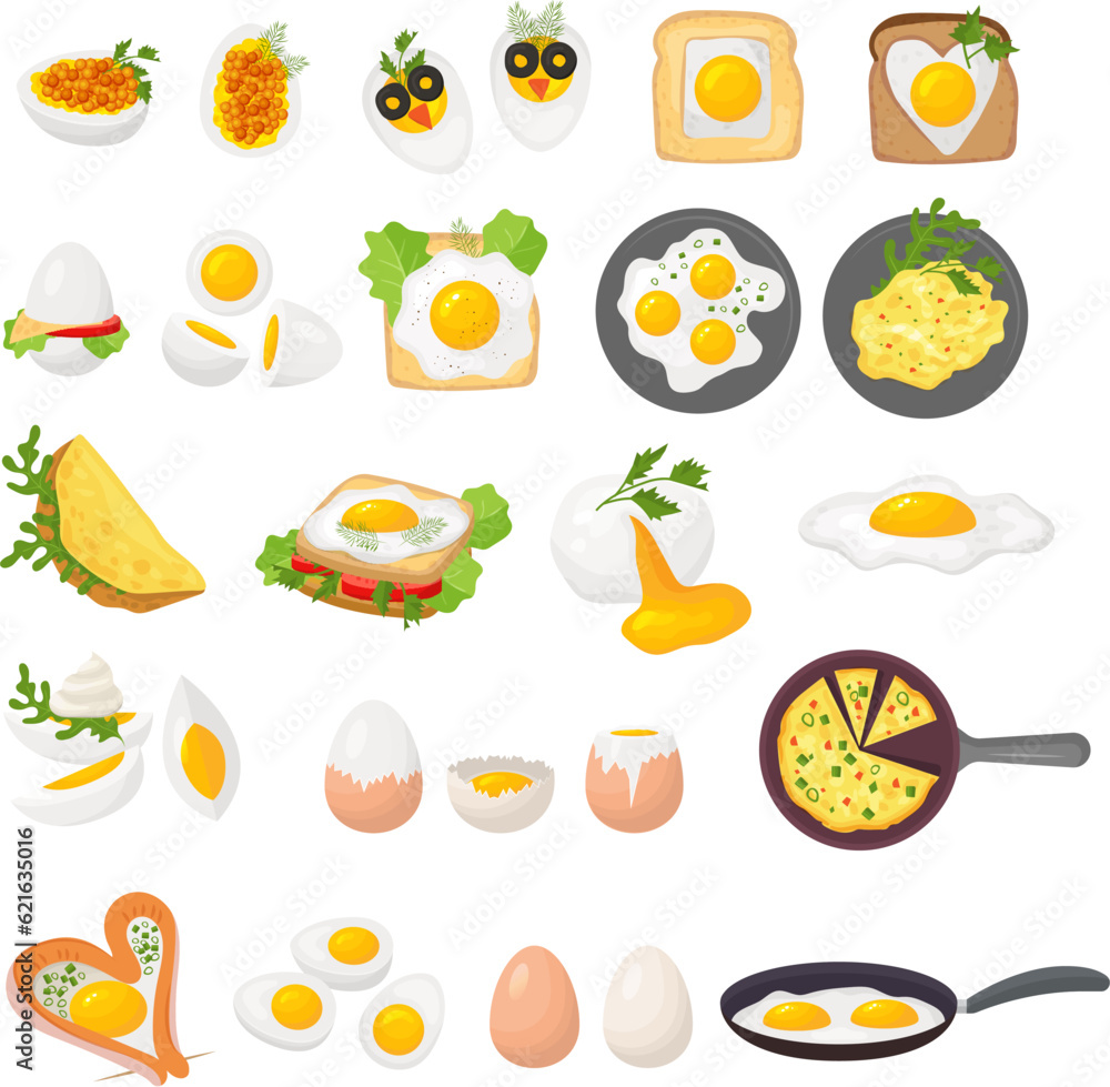 Poster Eggs. Fried and boiled products from eggs recent vector culinary set illustrations