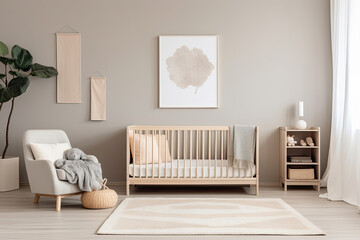 Tranquil Haven: Embrace the Modern Minimalist Design of a Nursery with Neutral Soft Colors, a Serene Retreat for Your Little One