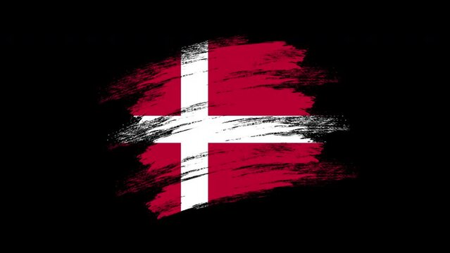 4K Paint Brush Denmark Flag with Alpha Channel Stock Video Waving Brushed Danish Banner. Transparent Background Texture Fabric Pattern High Detail. stock video