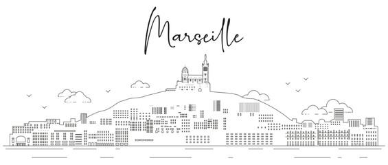 Marseille skyline line art vector illustration