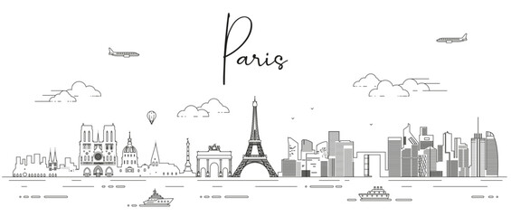 Paris skyline line art vector illustration - obrazy, fototapety, plakaty