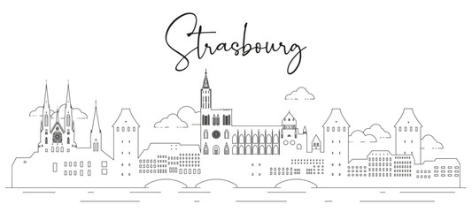 Strasbourg skyline line art vector illustration - obrazy, fototapety, plakaty