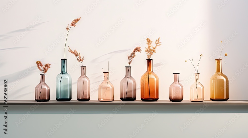 Poster a row of vases sitting on top of a shelf. generative ai