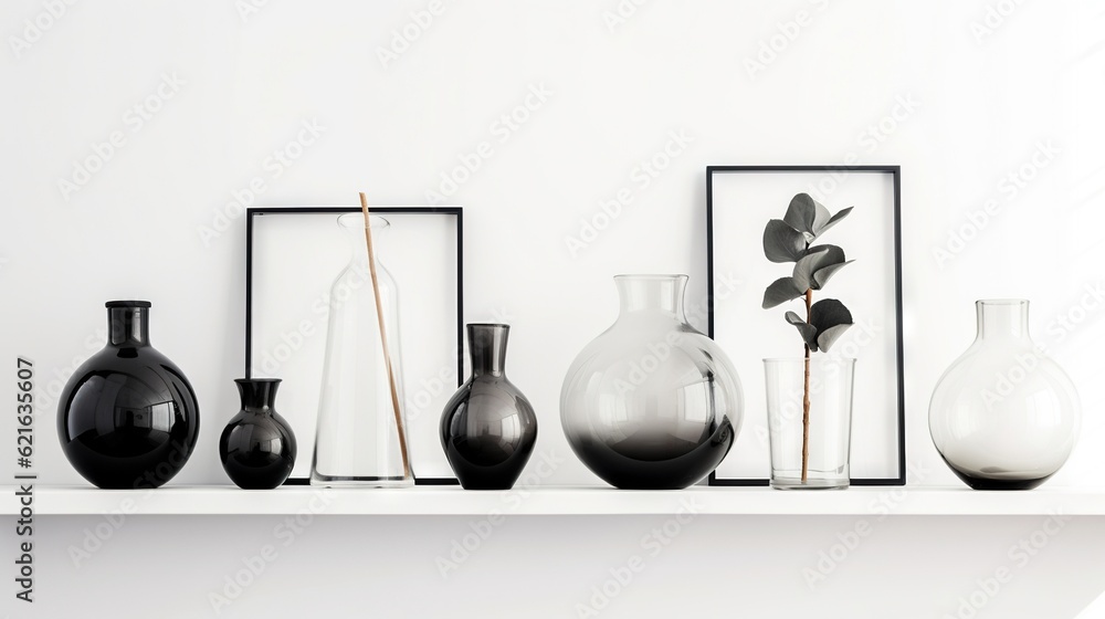 Poster a shelf with a bunch of vases on top of it. generative ai