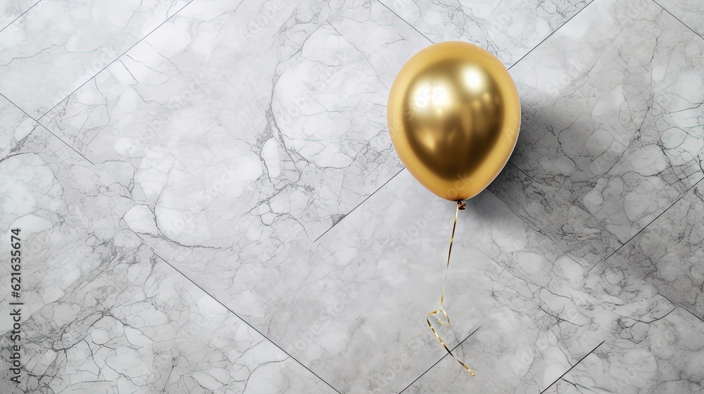 Poster a gold balloon on a marble floor with a stream of streamers. generative ai
