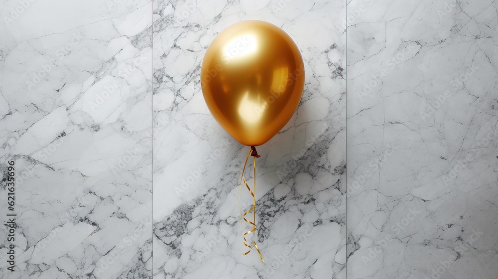 Poster a gold balloon on a marble wall with a string attached to it. generative ai